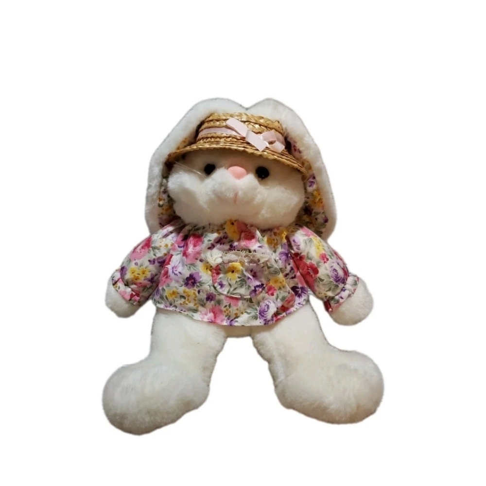 Vtg 1988 Chrisha Playful Plush Rabbit  15" Bunny Floral Dress Straw Hat Easter